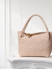 Luxury Handwoven Lambskin Leather Shoulder Bucket Bag with Sculptural Gold Sphere Closure and Double Handle Design – Spacious & Versatile Carryall