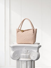 Luxury Handwoven Lambskin Leather Shoulder Bucket Bag with Sculptural Gold Sphere Closure and Double Handle Design – Spacious & Versatile Carryall