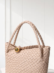 Luxury Handwoven Lambskin Leather Shoulder Bucket Bag with Sculptural Gold Sphere Closure and Double Handle Design – Spacious & Versatile Carryall