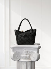 Luxury Handwoven Lambskin Leather Shoulder Bucket Bag with Sculptural Gold Sphere Closure and Double Handle Design – Spacious & Versatile Carryall