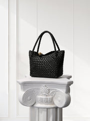 Luxury Handwoven Lambskin Leather Shoulder Bucket Bag with Sculptural Gold Sphere Closure and Double Handle Design – Spacious & Versatile Carryall