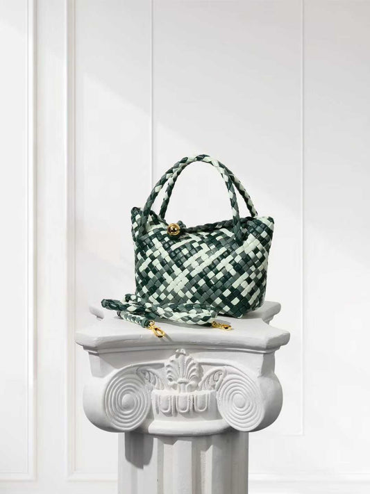 Luxury Handwoven Lambskin Leather Shoulder Bucket Bag with Sculptural Gold Sphere Closure and Double Handle Design – Spacious & Versatile Carryall