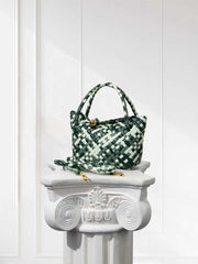 Luxury Handwoven Lambskin Leather Shoulder Bucket Bag with Sculptural Gold Sphere Closure and Double Handle Design – Spacious & Versatile Carryall