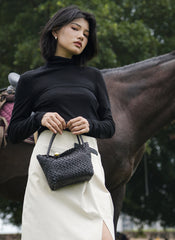 Luxury Handwoven Lambskin Leather Shoulder Bucket Bag with Sculptural Gold Sphere Closure and Double Handle Design – Spacious & Versatile Carryall