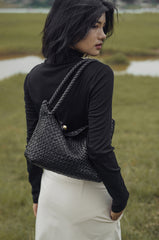 Luxury Handwoven Lambskin Leather Shoulder Bucket Bag with Sculptural Gold Sphere Closure and Double Handle Design – Spacious & Versatile Carryall