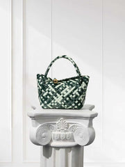 Luxury Handwoven Lambskin Leather Shoulder Bucket Bag with Sculptural Gold Sphere Closure and Double Handle Design – Spacious & Versatile Carryall