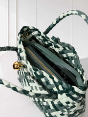 Luxury Handwoven Lambskin Leather Shoulder Bucket Bag with Sculptural Gold Sphere Closure and Double Handle Design – Spacious & Versatile Carryall