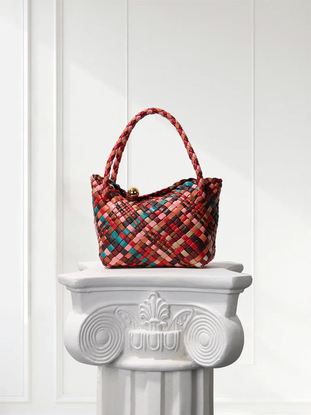 Luxury Handwoven Lambskin Leather Shoulder Bucket Bag with Sculptural Gold Sphere Closure and Double Handle Design – Spacious & Versatile Carryall