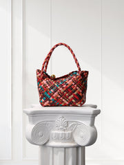 Luxury Handwoven Lambskin Leather Shoulder Bucket Bag with Sculptural Gold Sphere Closure and Double Handle Design – Spacious & Versatile Carryall