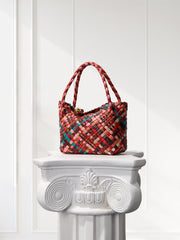 Luxury Handwoven Lambskin Leather Shoulder Bucket Bag with Sculptural Gold Sphere Closure and Double Handle Design – Spacious & Versatile Carryall