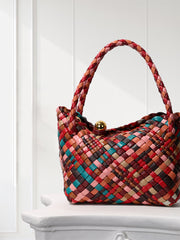 Luxury Handwoven Lambskin Leather Shoulder Bucket Bag with Sculptural Gold Sphere Closure and Double Handle Design – Spacious & Versatile Carryall