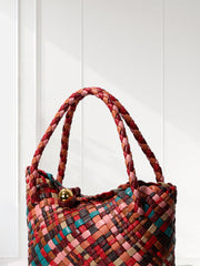 Luxury Handwoven Lambskin Leather Shoulder Bucket Bag with Sculptural Gold Sphere Closure and Double Handle Design – Spacious & Versatile Carryall