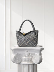 Luxury Handwoven Lambskin Leather Shoulder Bucket Bag with Sculptural Gold Sphere Closure and Double Handle Design – Spacious & Versatile Carryall