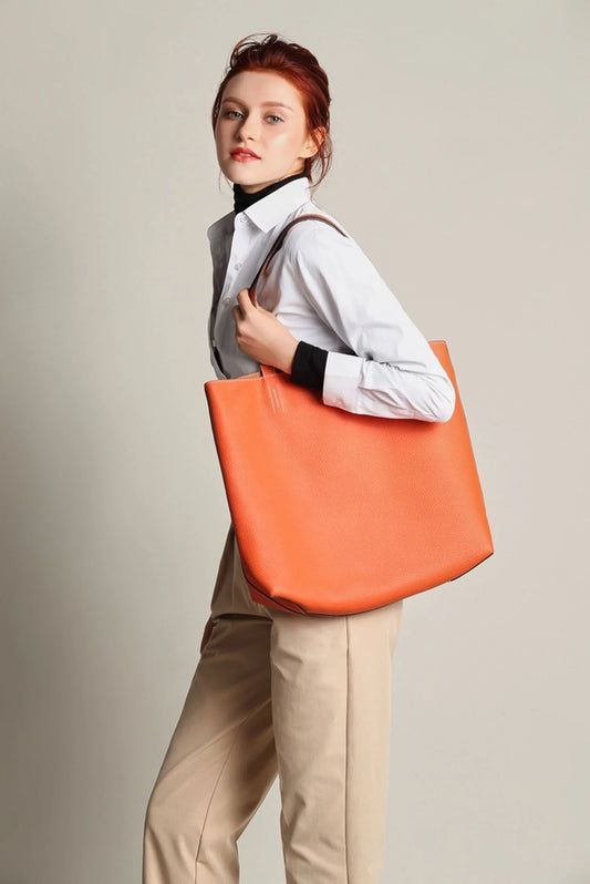 Luxury High-end Pebbled Full Grain Leather Double-Sided Two Tone Tote Bag, Real Genuine Leather Minimalist Oversized Handbag for Everyday & Travel