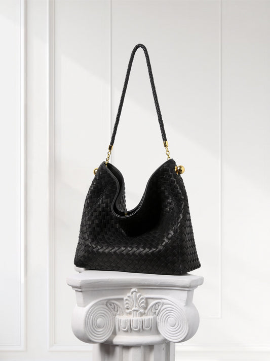 Luxury Lambskin Woven Leather Hobo Bag | Handcrafted Lightweight Soft Braided Shoulder Purse with Gold Hardware