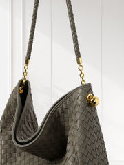 Luxury Lambskin Woven Leather Hobo Bag | Handcrafted Lightweight Soft Braided Shoulder Purse with Gold Hardware