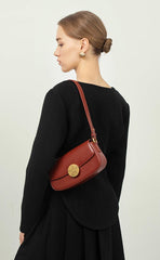 Luxury Leather Crossbody Box Bag with Elegant Circular Emblem, Fashion Leather Shoulder Bag