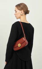 Luxury Leather Crossbody Box Bag with Elegant Circular Emblem, Fashion Leather Shoulder Bag