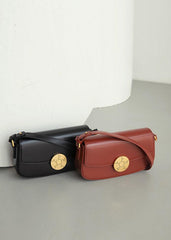 Luxury Leather Crossbody Box Bag with Elegant Circular Emblem, Fashion Leather Shoulder Bag