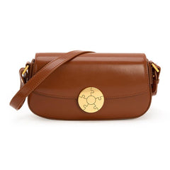 Luxury Leather Crossbody Box Bag with Elegant Circular Emblem, Fashion Leather Shoulder Bag