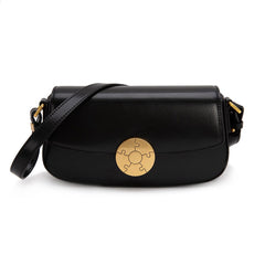 Luxury Leather Crossbody Box Bag with Elegant Circular Emblem, Fashion Leather Shoulder Bag