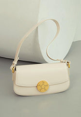 Luxury Leather Crossbody Box Bag with Elegant Circular Emblem, Fashion Leather Shoulder Bag