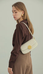 Luxury Leather Crossbody Box Bag with Elegant Circular Emblem, Fashion Leather Shoulder Bag