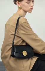 Luxury Leather Crossbody Box Bag with Elegant Circular Emblem, Fashion Leather Shoulder Bag