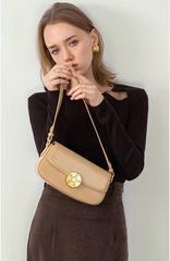 Luxury Leather Crossbody Box Bag with Elegant Circular Emblem, Fashion Leather Shoulder Bag