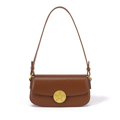 Luxury Leather Crossbody Box Bag with Elegant Circular Emblem, Fashion Leather Shoulder Bag