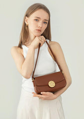 Luxury Leather Crossbody Box Bag with Elegant Circular Emblem, Fashion Leather Shoulder Bag