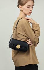 Luxury Leather Crossbody Box Bag with Elegant Circular Emblem, Fashion Leather Shoulder Bag