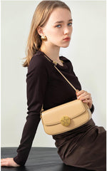 Luxury Leather Crossbody Box Bag with Elegant Circular Emblem, Fashion Leather Shoulder Bag