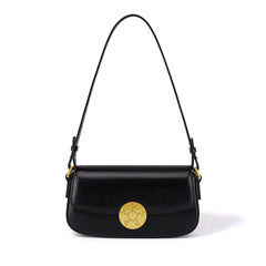 Luxury Leather Crossbody Box Bag with Elegant Circular Emblem, Fashion Leather Shoulder Bag