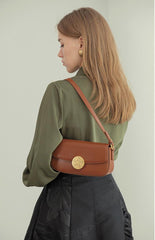 Luxury Leather Crossbody Box Bag with Elegant Circular Emblem, Fashion Leather Shoulder Bag