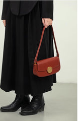 Luxury Leather Crossbody Box Bag with Elegant Circular Emblem, Fashion Leather Shoulder Bag