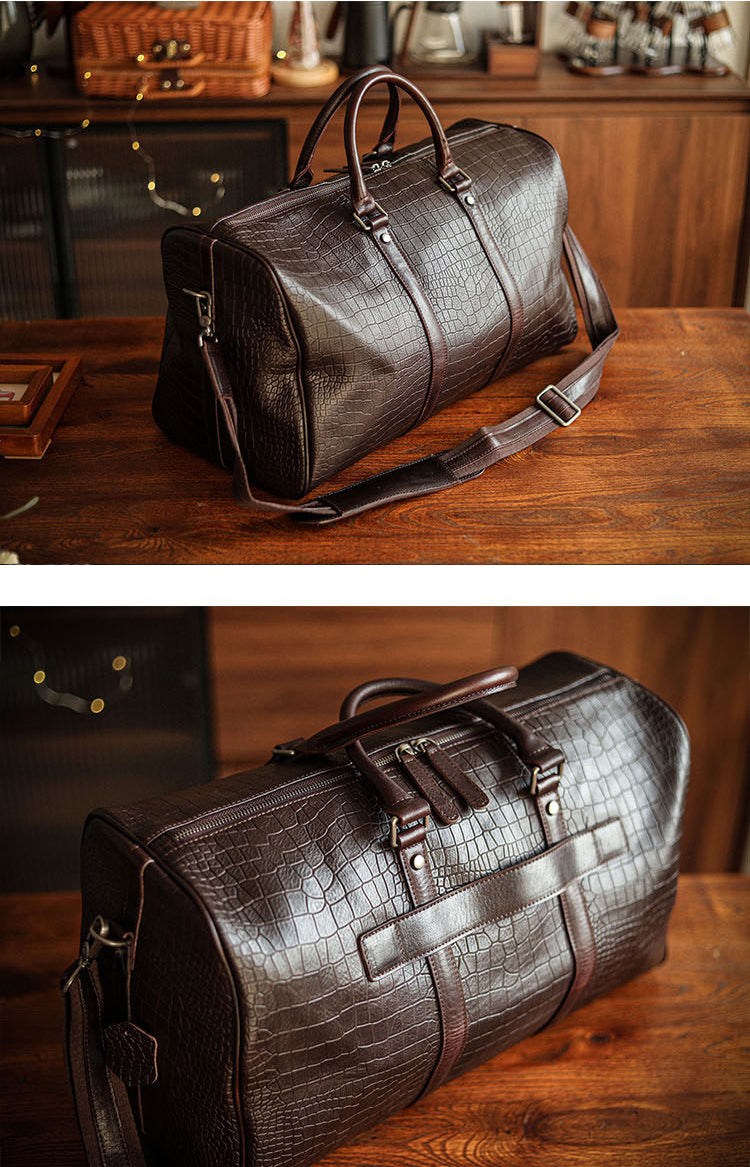 Luxury Men’s Italian Full Grain Leather Duffle Bag, Handmade Premium Crocodile Pattern Weekender Bag for Travel & Business