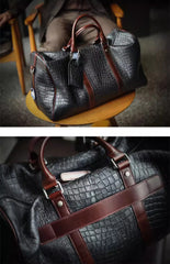 Luxury Men’s Italian Full Grain Leather Duffle Bag, Handmade Premium Crocodile Pattern Weekender Bag for Travel & Business