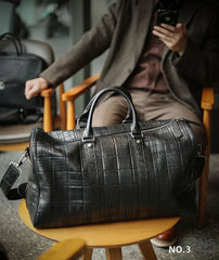 Luxury Men’s Italian Full Grain Leather Duffle Bag, Handmade Premium Crocodile Pattern Weekender Bag for Travel & Business