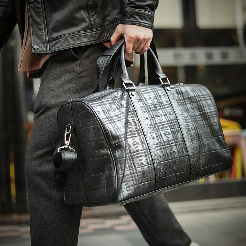 Luxury Men’s Italian Full Grain Leather Duffle Bag, Handmade Premium Crocodile Pattern Weekender Bag for Travel & Business
