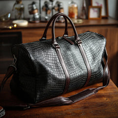 Luxury Men’s Italian Full Grain Leather Duffle Bag, Handmade Premium Crocodile Pattern Weekender Bag for Travel & Business