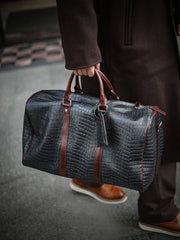 Luxury Men’s Italian Full Grain Leather Duffle Bag, Handmade Premium Crocodile Pattern Weekender Bag for Travel & Business