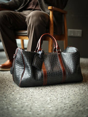 Luxury Men’s Italian Full Grain Leather Duffle Bag, Handmade Premium Crocodile Pattern Weekender Bag for Travel & Business