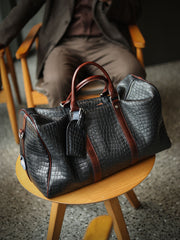 Luxury Men’s Italian Full Grain Leather Duffle Bag, Handmade Premium Crocodile Pattern Weekender Bag for Travel & Business