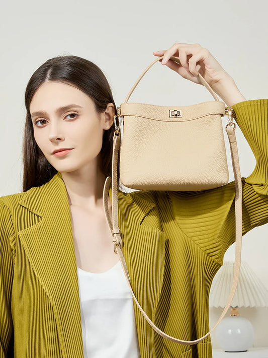 Luxury Pebble Leather Handbags | Genuine Cowhide Small Shoulder Bucket Bag | Crossbody & Top Handle Purse for Women