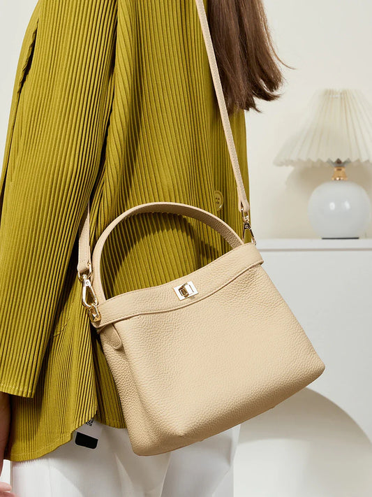 Luxury Pebble Leather Handbags | Genuine Cowhide Small Shoulder Bucket Bag | Crossbody & Top Handle Purse for Women