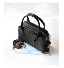 Luxury Pebbled Cowhide Leather Bowling Bag with Lock | Women’s Commuter Tote, Shoulder & Crossbody Handbag