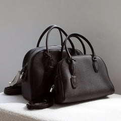 Luxury Pebbled Cowhide Leather Bowling Bag with Lock | Women’s Commuter Tote, Shoulder & Crossbody Handbag