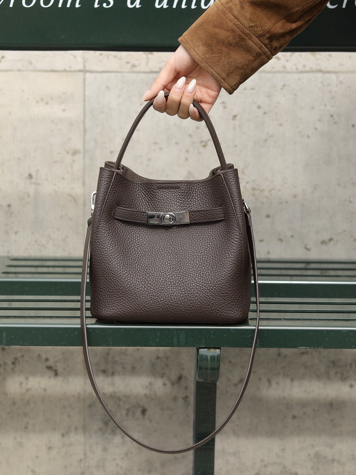 Luxury Pebbled Cowhide Leather Bucket Bag, Designer Crossbody with Twist Lock