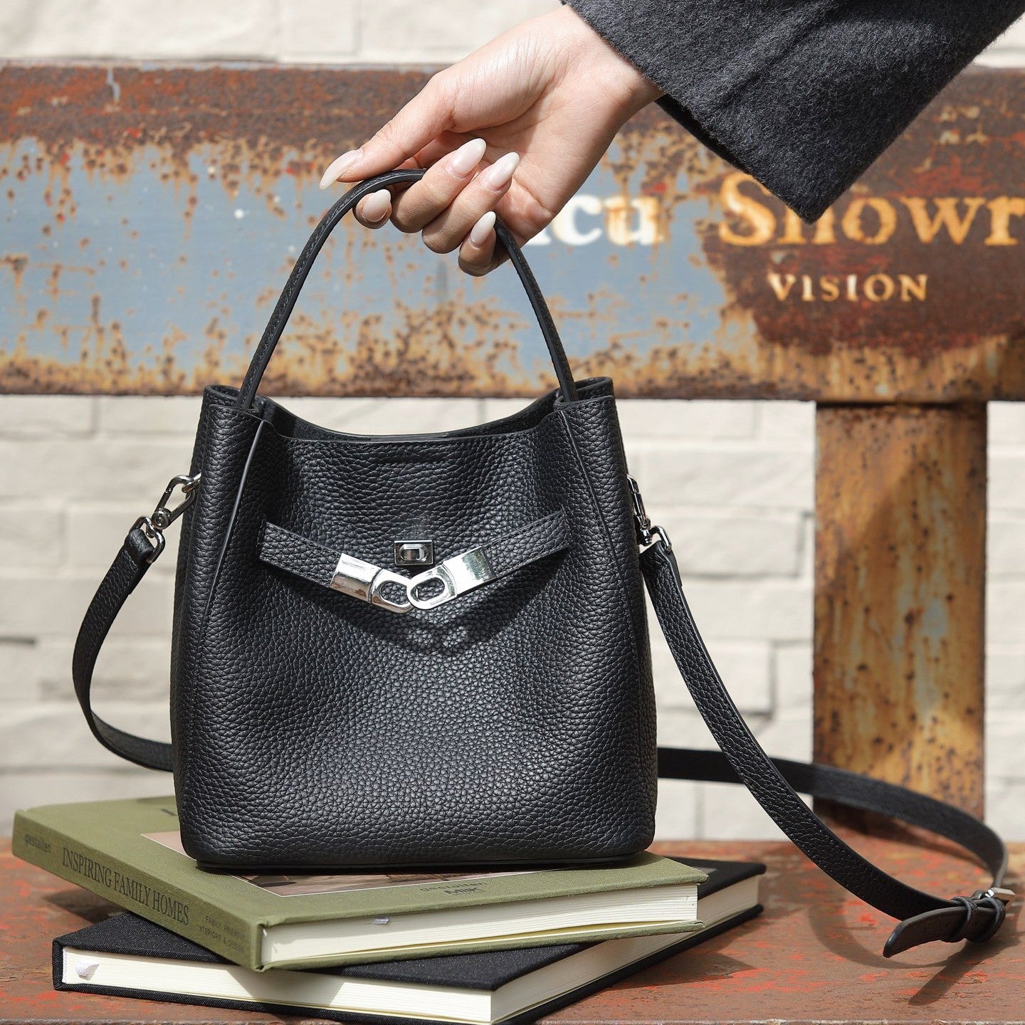Luxury Pebbled Cowhide Leather Bucket Bag, Designer Crossbody with Twist Lock